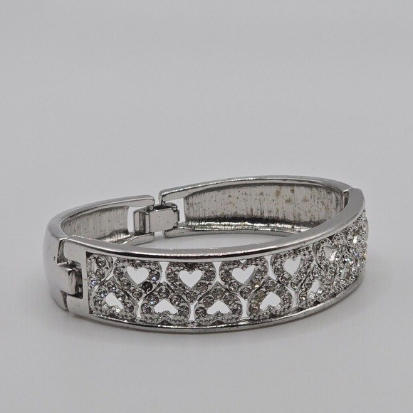 Rhinestone‎ Heart Clusters Silver Tone Bracelet Womens Jewelry - Picture 1 of 9